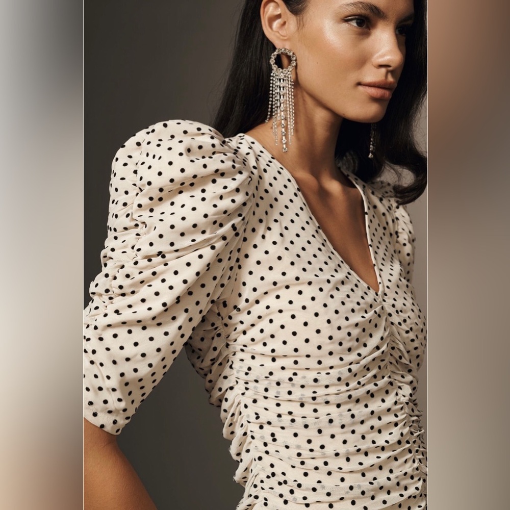 Maeve Puff-Sleeve Ruched Mesh Polka Dot Mini Dress - Picture 3 of 10